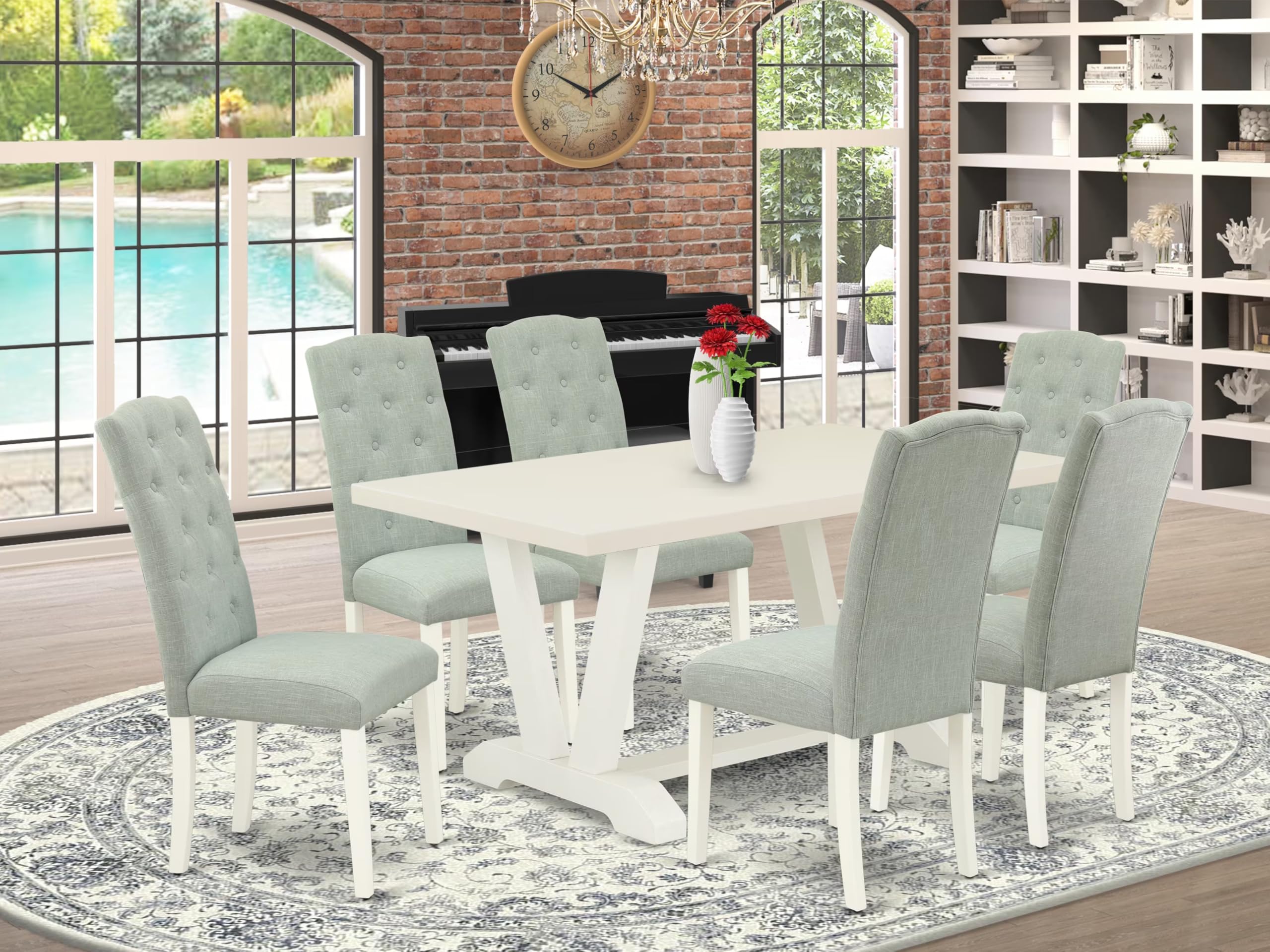 East West Furniture V026Ce215-7 7 Piece Dinette Set Consist Of A Rectangle Dining Room Table With V-Legs And 6 Baby Blue Linen Fabric Upholstered Parson Chairs, 36X60 Inch, Multi-Color